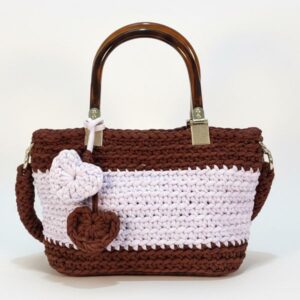 Bolso de Trapillo Marrón y Blanco con Asas Estilo Carey
