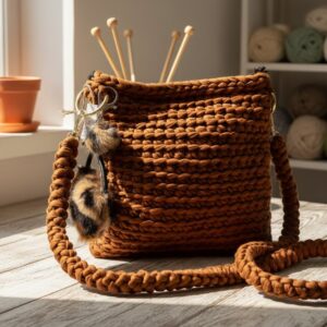 Bolso Bandolera de Trapillo Terracota con Pompones