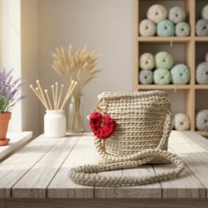 Bolso Bandolera de Trapillo Beige con Llavero de Corazón