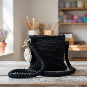 Bolso Bandolera de Trapillo Negro con Llavero Blanco