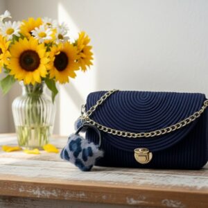 Bolso Bandolera de Cuerda Azul Marino con Cadena Dorada